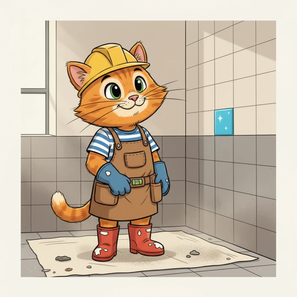 Marmalade steps back, head tilted, inspecting his work. The first tile is perfectly in place, shining brightly. He nods, a tiny smile gracing his whiskered face, proud of his initial progress.