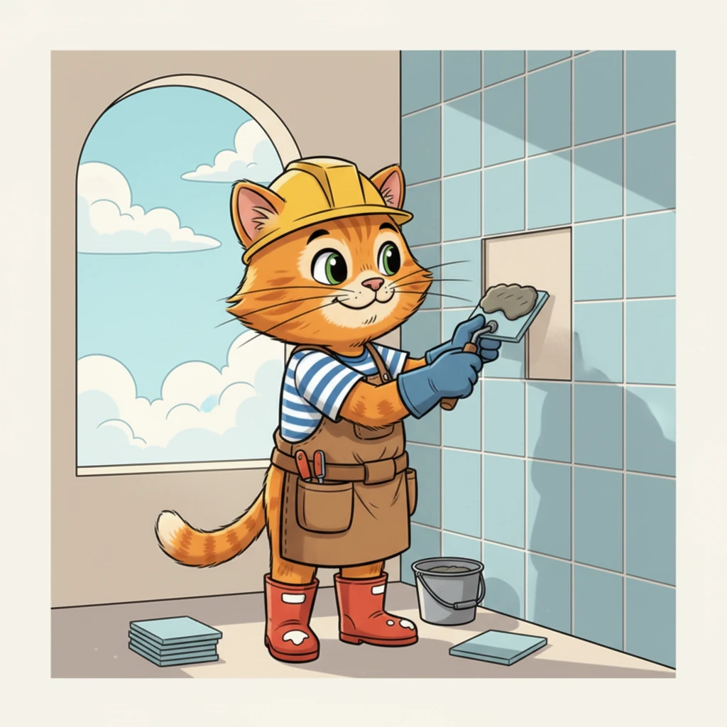 He repeats the process, applying mortar and carefully placing another tile next to the first. The tiles fit together seamlessly, creating a clean, modern pattern on the wall. He hums a little tune as he works.