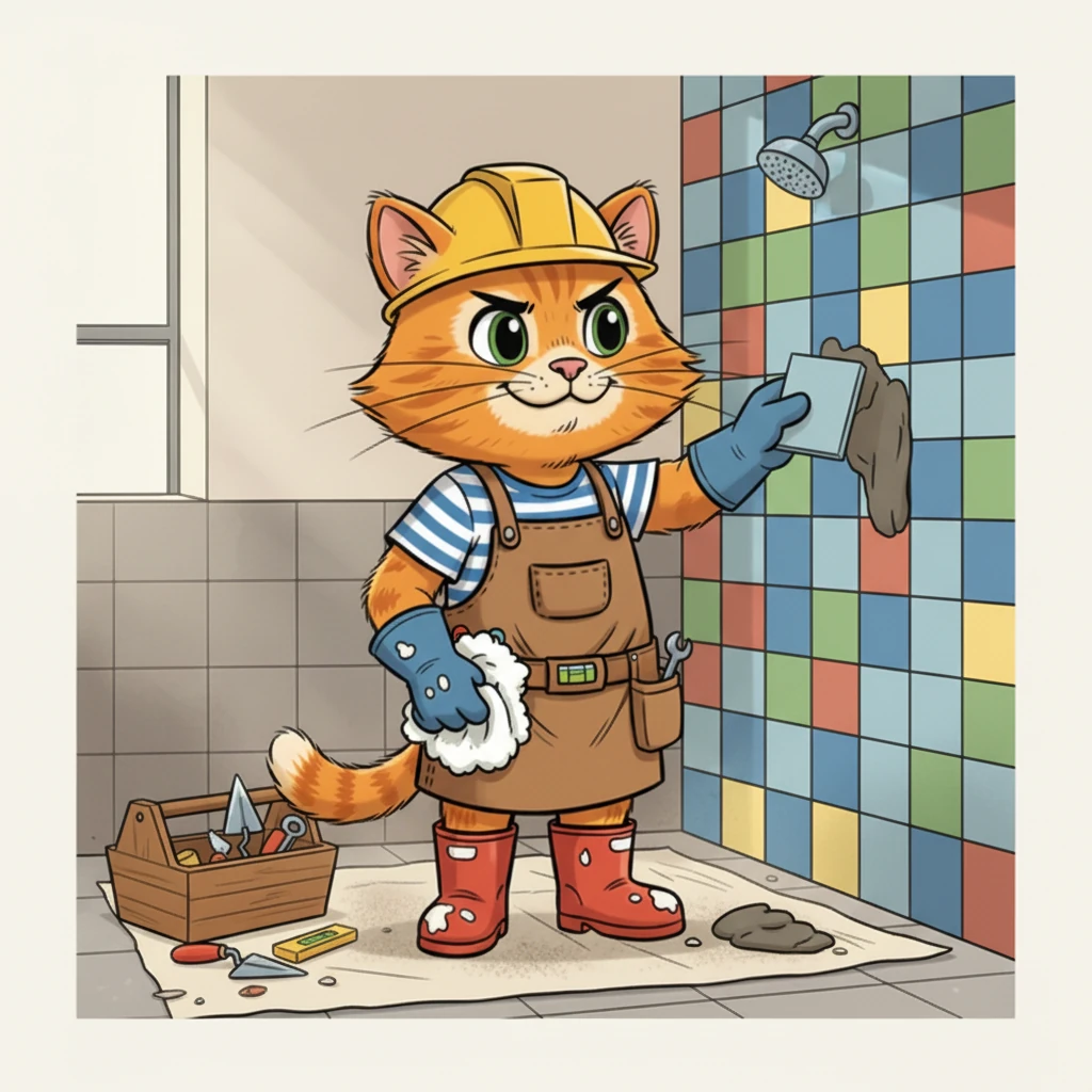 The shower wall slowly fills with magnificent tiles. Marmalade works diligently, his movements efficient and practiced. He occasionally pauses to clean a stray bit of mortar with a tiny cloth.