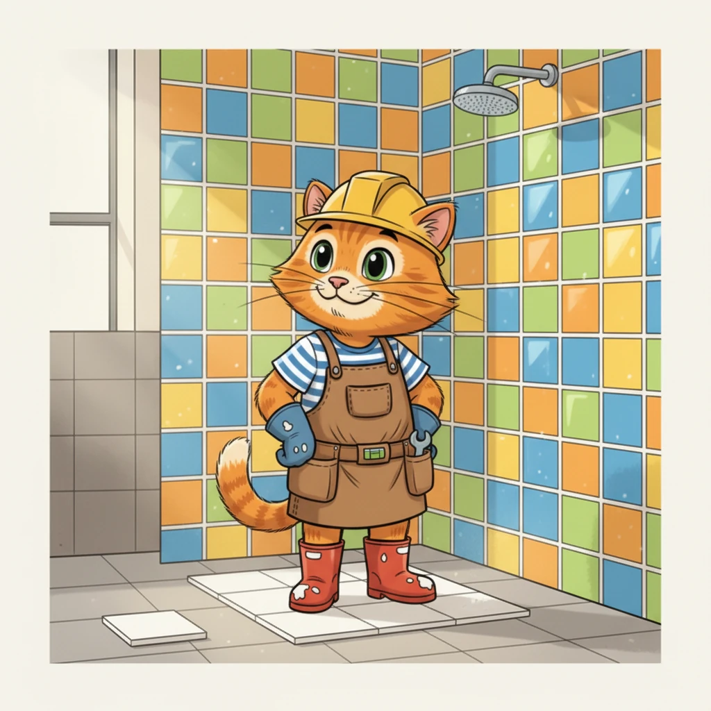 Finally, the entire shower wall is tiled, gleaming and beautiful. Marmalade stands back, admiring his finished work with immense satisfaction. He gives a triumphant little purr, his tail swishing gently.