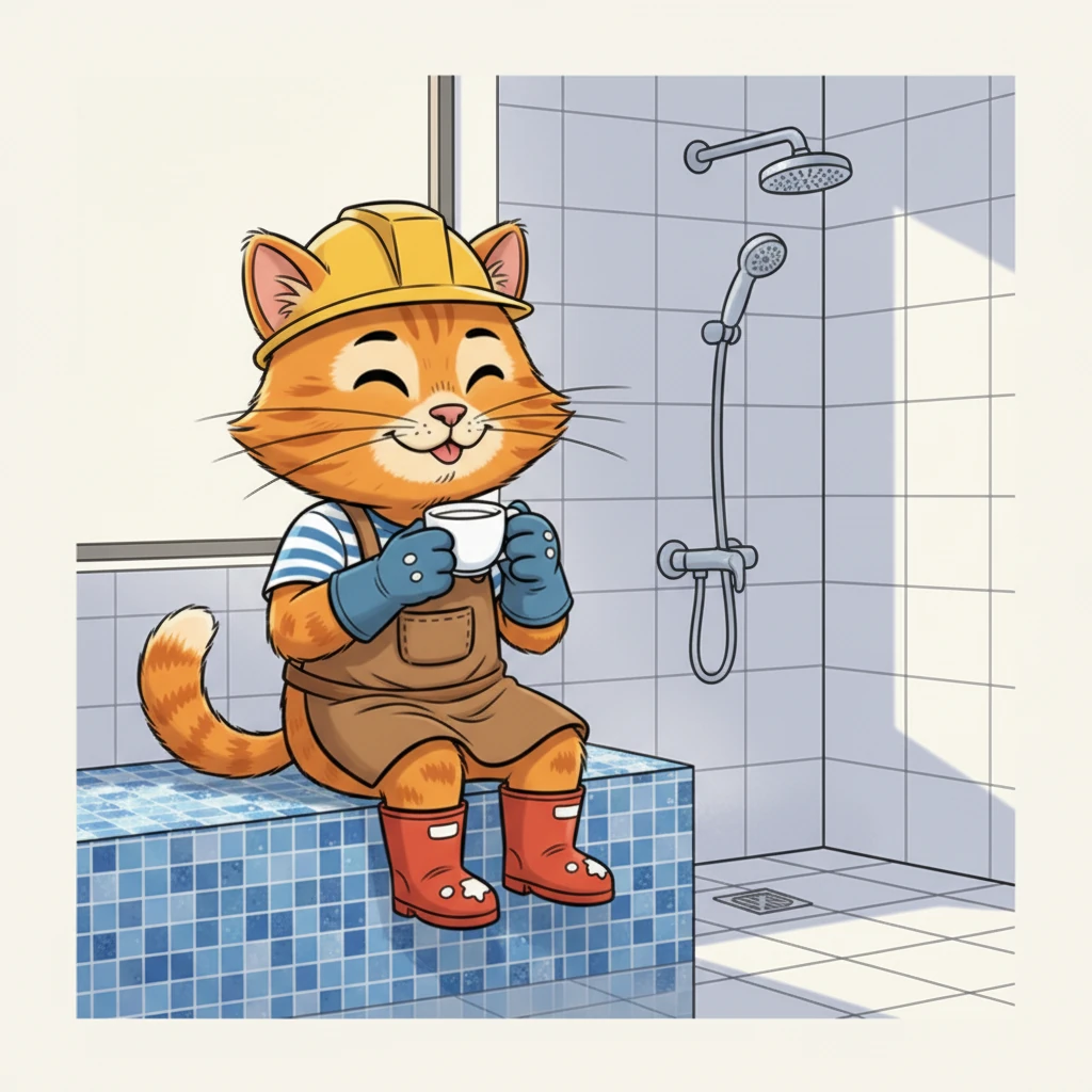 Marmalade, now seated on a pristine, newly tiled bench, sips a small cup of milk. The renovated bathroom sparkles around him, a testament to his skill and dedication. He looks content, ready for his next purr-fect project.
