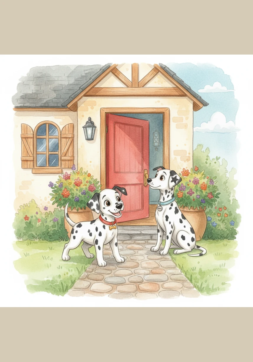 Bobby and Matrix were two Dalmatian brothers who lived in a cozy house with a bright red door. Bobby was the bouncy one with a spot on his nose, while Matrix was the clever one with a spot shaped like a star on his ear.