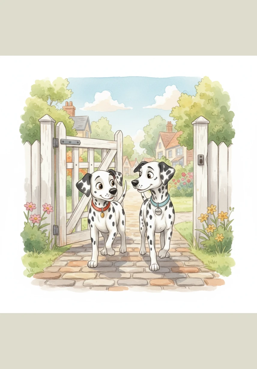 One sunny afternoon, the garden gate was accidentally left ajar, whispering of the world outside. The two brothers shared a knowing look and trotted out into the big, wide neighborhood to see what they could find.