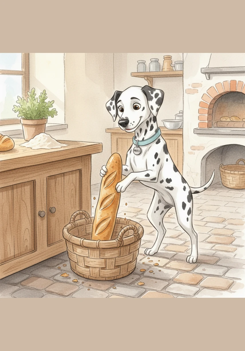 Matrix carefully pulled a long baguette from a low basket while Bobby stood guard at the entrance. They shared the crusty treat behind a flour sack, feeling very proud of their secret, delicious snack.