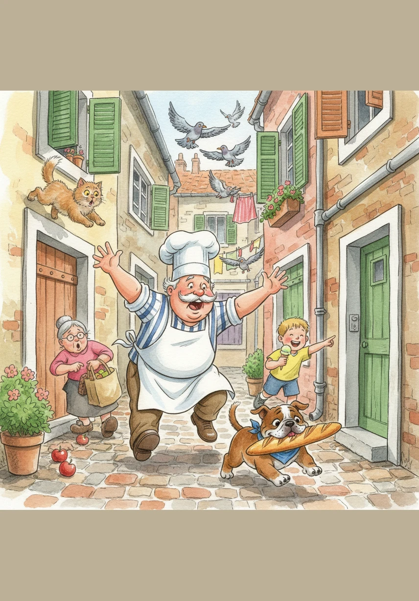 The baker spotted two wagging tails and gave a jolly shout, chasing them out with a floury broom and a laugh. The brothers bolted down the alleyway, their paws thumping rhythmically on the cobblestones as they made their escape.
