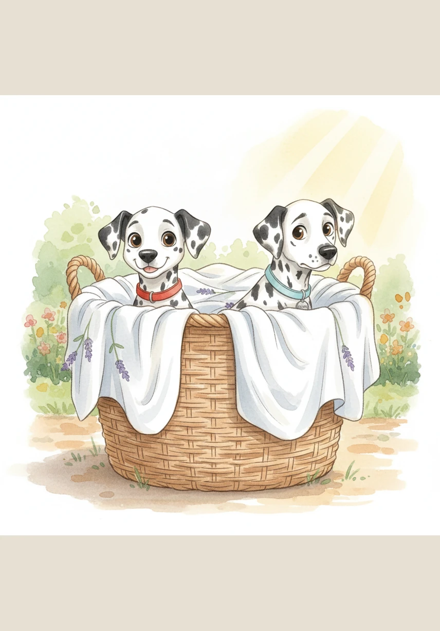 To hide from the baker, they jumped into a large wicker laundry basket sitting in a sunny garden nearby. It was filled with freshly washed white sheets that smelled like lavender and summer sunshine.