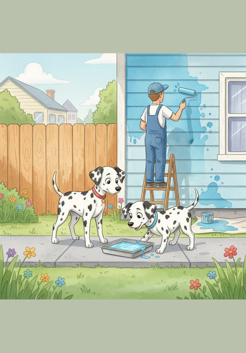 Their journey took them past a house being painted a bright, sky-blue color by a busy worker. A tray of wet paint sat unattended on the sidewalk, shimmering like a fallen piece of the afternoon sky.