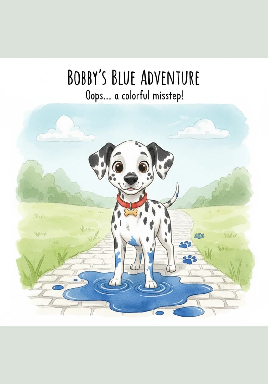 Bobby accidentally stepped right into the blue paint, leaving bright cerulean paw prints along the gray pavement. Matrix followed behind, carefully avoiding the mess but admiring his brother's colorful new style.