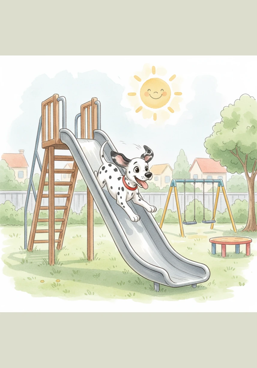 At the neighborhood playground, they found a tall, silver slide that gleamed brightly in the sun. They climbed the steps together and zoomed down the metal surface, their ears flapping wildly in the wind.