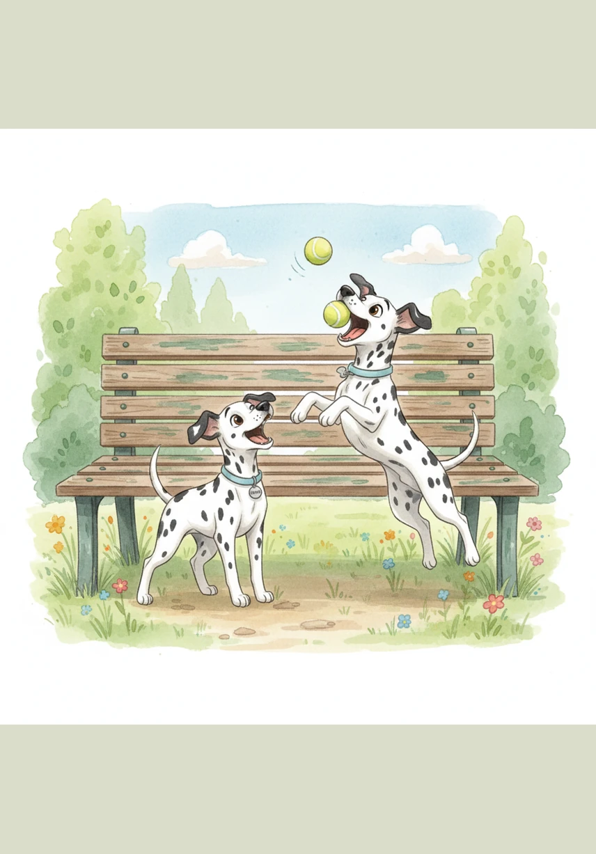 Underneath a wooden park bench, Matrix's sharp eyes spotted a lost yellow tennis ball. He fetched it triumphantly, and the two brothers took turns tossing it into the air and catching it with their mouths.