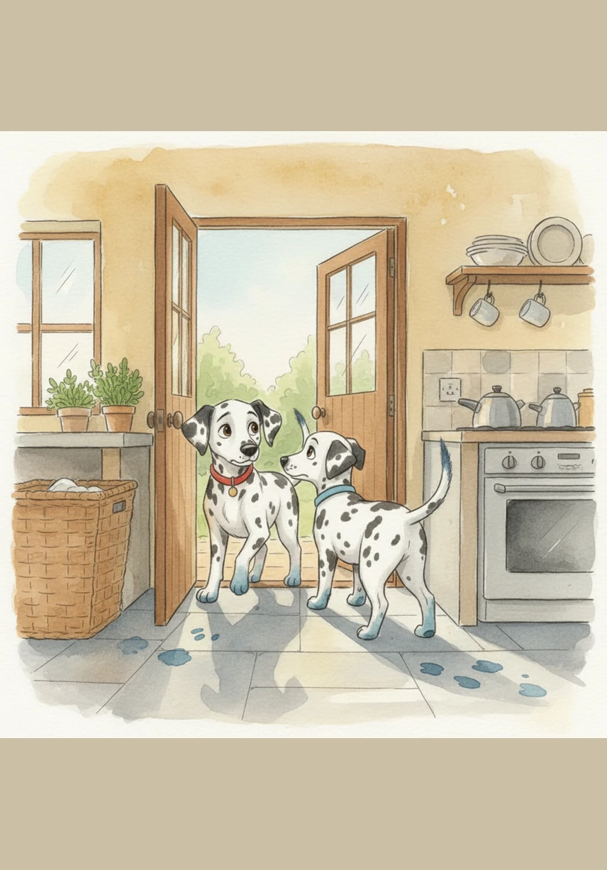 They trotted back to their house and squeezed through the garden gate just as it was being closed for the night. They slipped into the kitchen, trying to look as innocent as possible despite their blue paws and muddy tails.