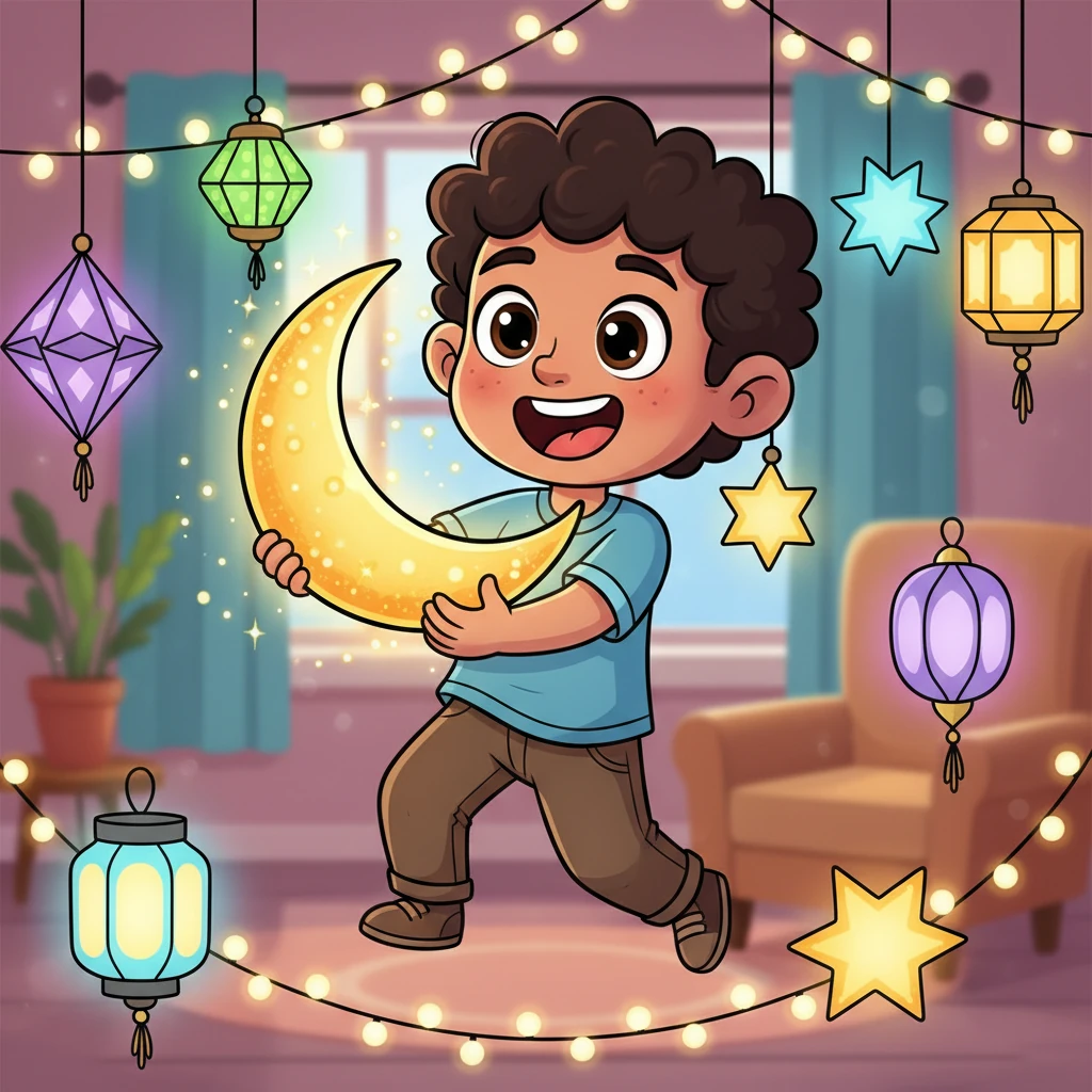 Omar bounces with excitement, surrounded by twinkling fairy lights and colorful lanterns decorating his home. He holds a shiny new crescent moon ornament, his face beaming as he anticipates the start of Ramadan.