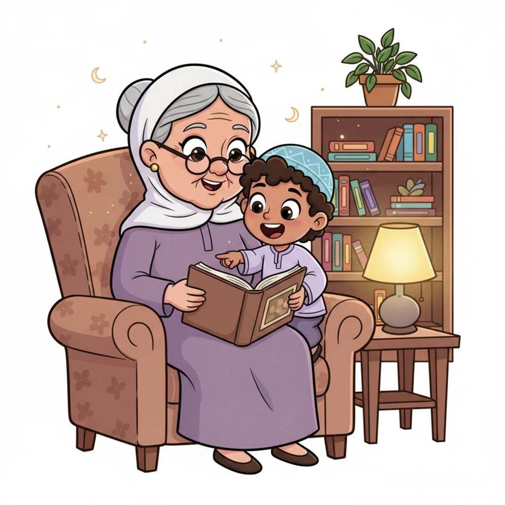 Grandma sits in her favorite armchair, a warm smile on her face, holding an old, faded photo album. Omar snuggles beside her, eager to hear stories about Ramadan from 'the olden days.'