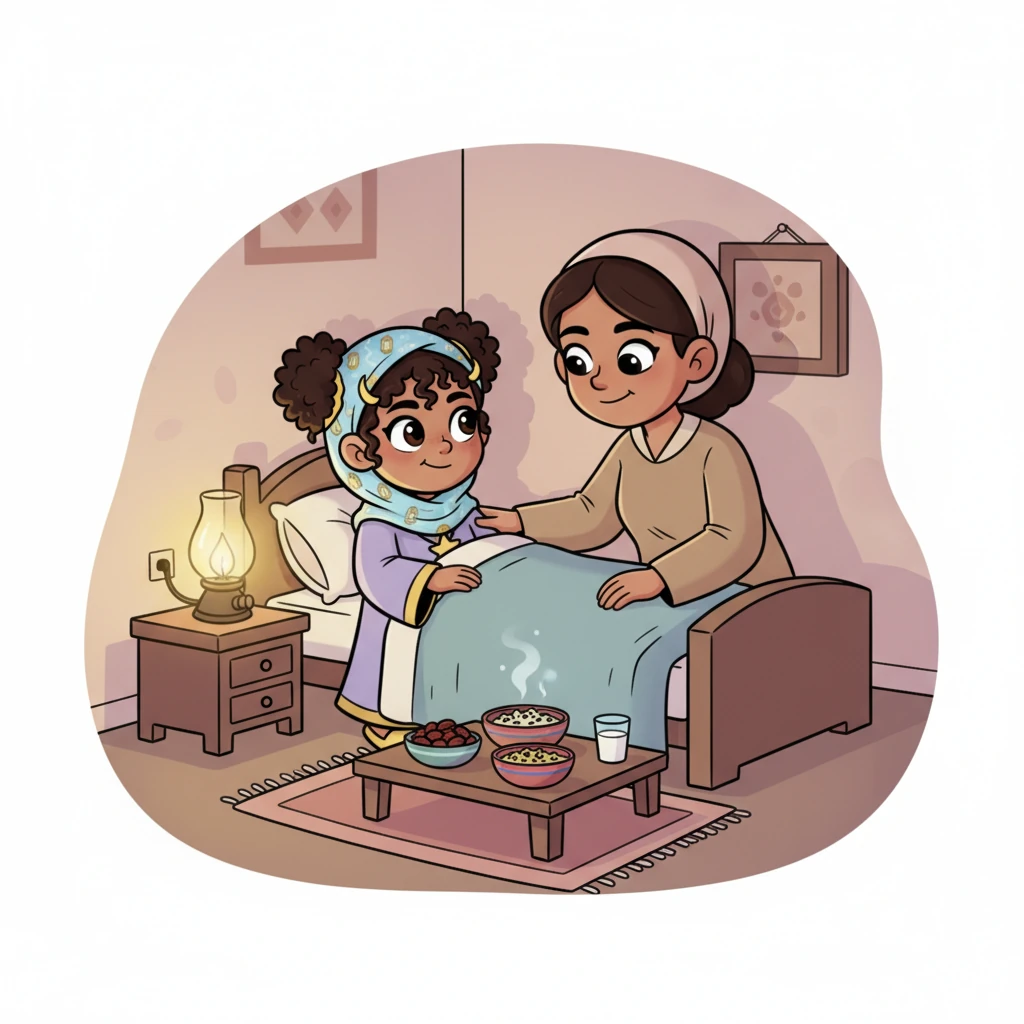 A flashback scene shows a young Grandma, a little girl with a mischievous grin, gently woken by her mother for Suhoor. The room is dimly lit by a soft oil lamp, and the aroma of simple, wholesome food fills the air.