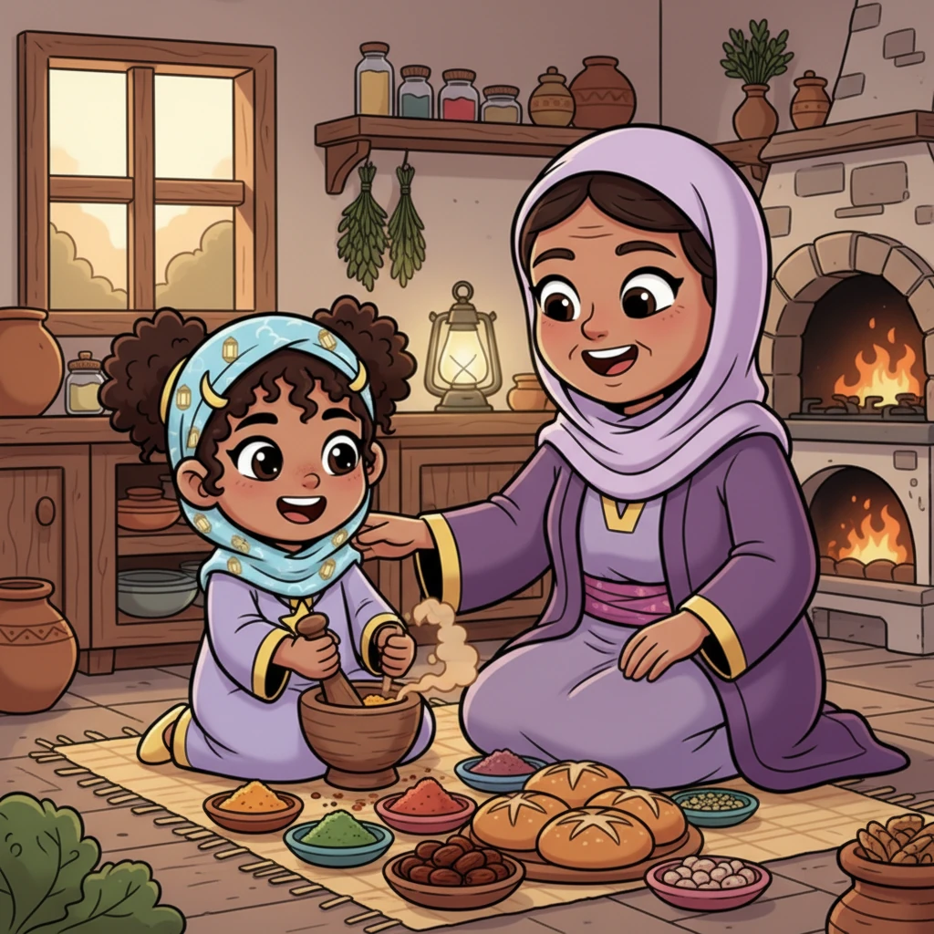 Young Grandma helps her mother prepare Iftar, grinding spices with a mortar and pestle in a rustic kitchen. They share quiet laughter as she carefully arranges dates and fresh bread on a woven mat.