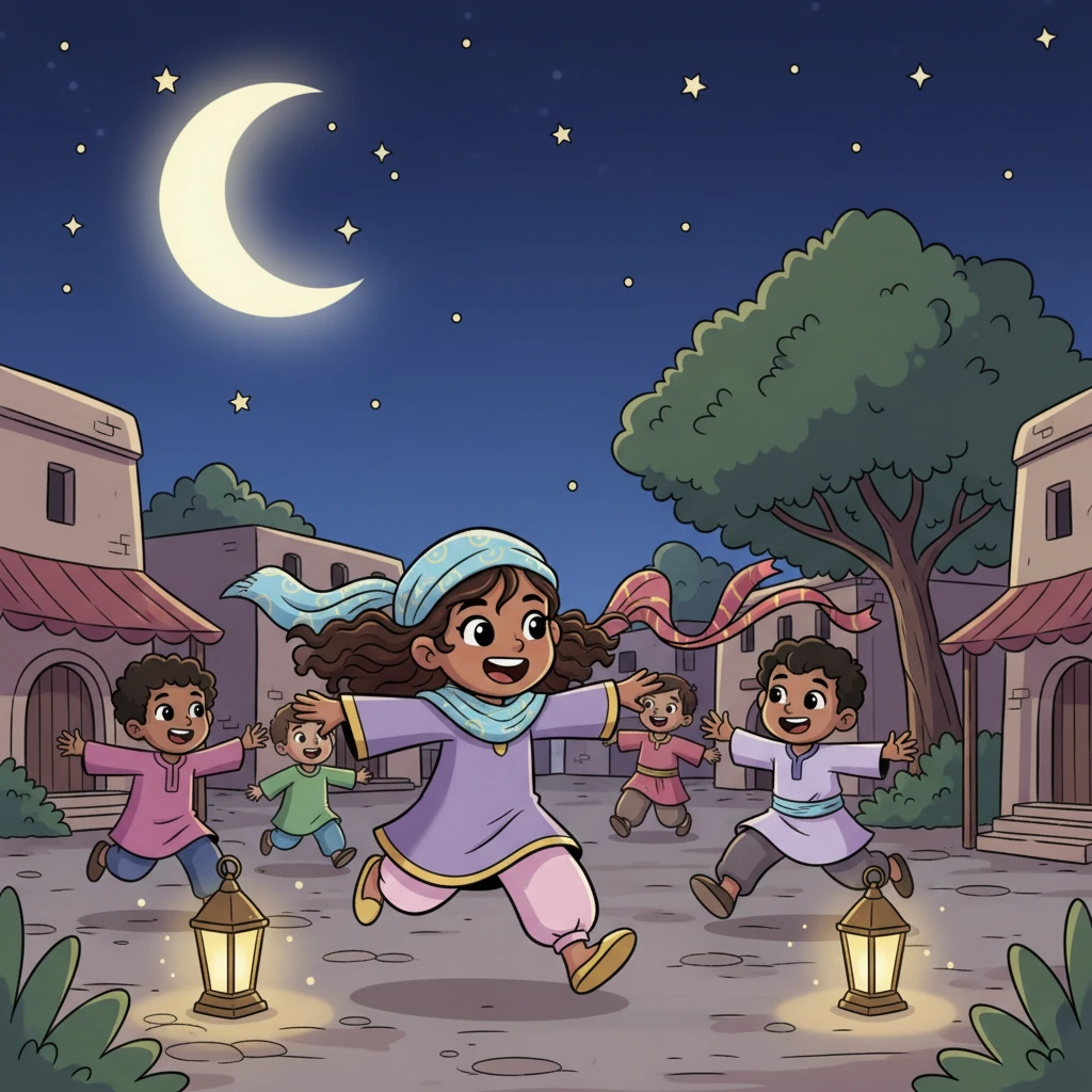 After Iftar, young Grandma and her friends play traditional games under the starry sky. Their laughter echoes through the quiet village as they chase each other, illuminated by the glow of the moon and a few scattered lanterns.
