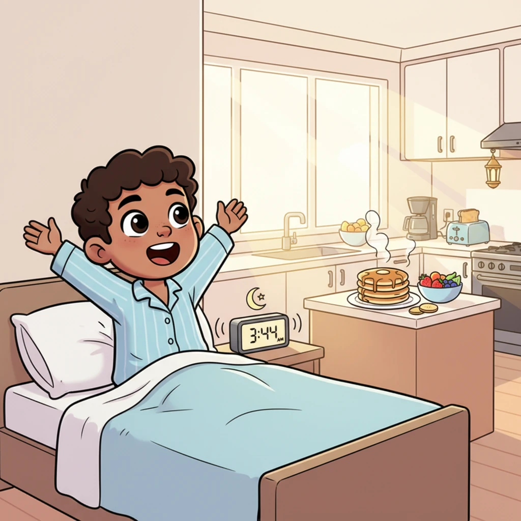 Back in the present, Omar wakes up to the gentle chime of his digital alarm for Suhoor. The kitchen is bright and modern, filled with the delicious smells of pancakes and fruit, prepared with ease.