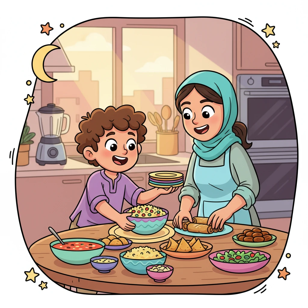 Omar enthusiastically helps his mom set the table for Iftar, arranging vibrant dishes from around the world. The kitchen is bustling with modern appliances, making meal preparation a fun, quick activity.