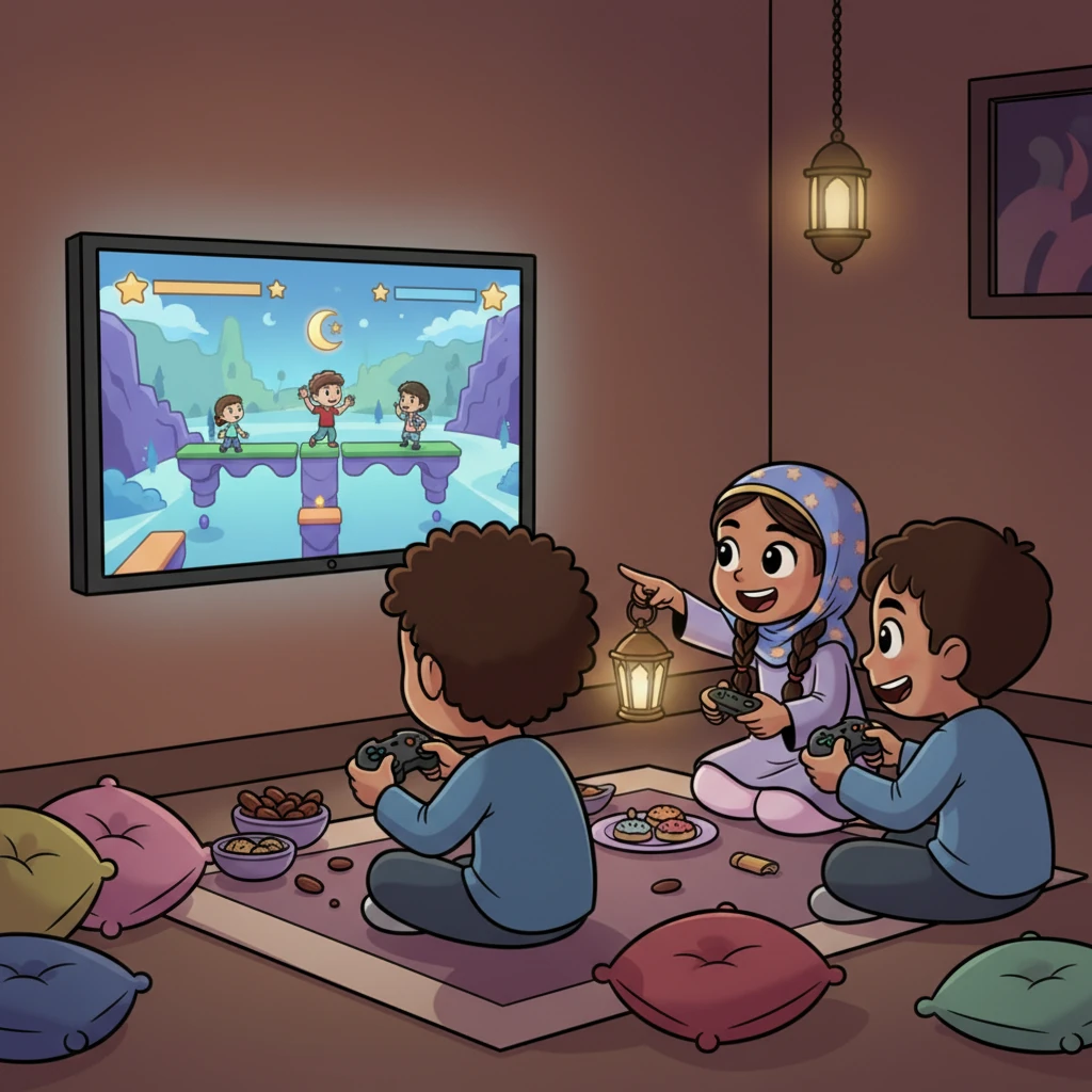 After Iftar, Omar and his friends gather to play, but instead of traditional games, they're engrossed in a vibrant video game on a big screen. Yet, their shared joy and camaraderie are just as strong.