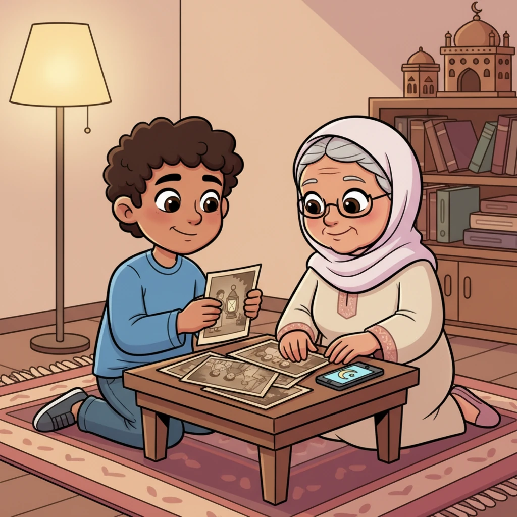 Omar sits with Grandma, looking at the old photos again, a thoughtful expression on his face. He realizes that while the tools and activities have changed, the heart of Ramadan – family, sharing, and gratitude – remains the same.