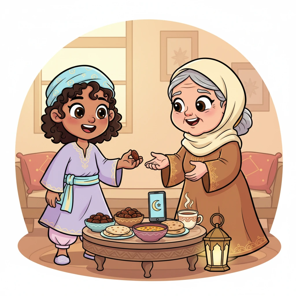 Omar and Grandma share a joyful Iftar, a blend of old and new traditions. Grandma beams as Omar hands her a date, both of them grateful for the beautiful memories and the enduring spirit of Ramadan connecting their generations.