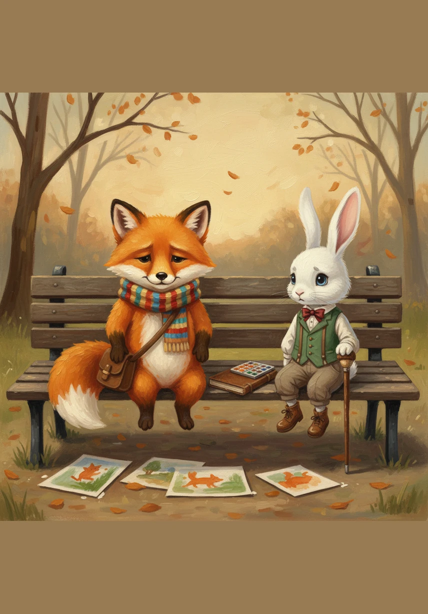 Finnegan the fox sat quietly on a weathered wooden bench, watching the golden leaves dance in the gentle autumn breeze. While the park was full of distant laughter, he felt like a small, orange island in a sea of busy families. He sighed softly, wishing for someone to share the beauty of the afternoon with.