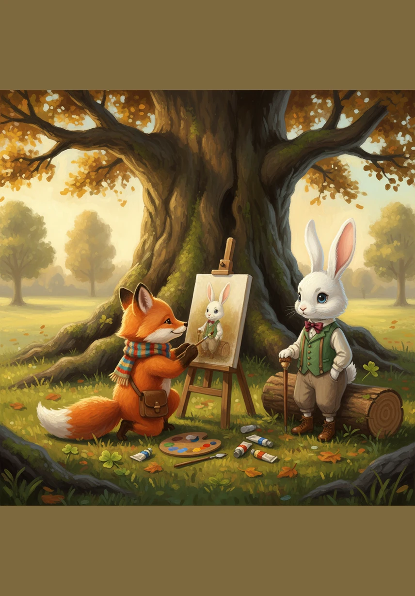 Near the gnarled roots of a grand old oak tree, Finnegan noticed a pair of long, white ears twitching beneath a pile of fallen leaves. A tiny bunny named Barnaby was huddled there, trembling and looking very lost in the vastness of the park. Finnegan knelt down slowly, his fluffy tail wagging gently to show he meant no harm.