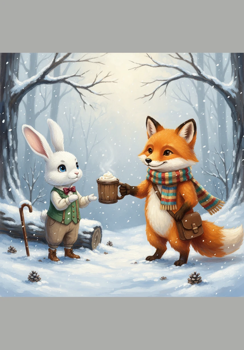 Seeing that Barnaby was shivering from the cold, Finnegan carefully unwound his favorite knitted scarf and wrapped it around the little bunny. Barnaby looked up with wide, grateful eyes, feeling a spark of warmth for the first time all day. A shy smile began to form on the bunny's face as he leaned into the soft, colorful wool.