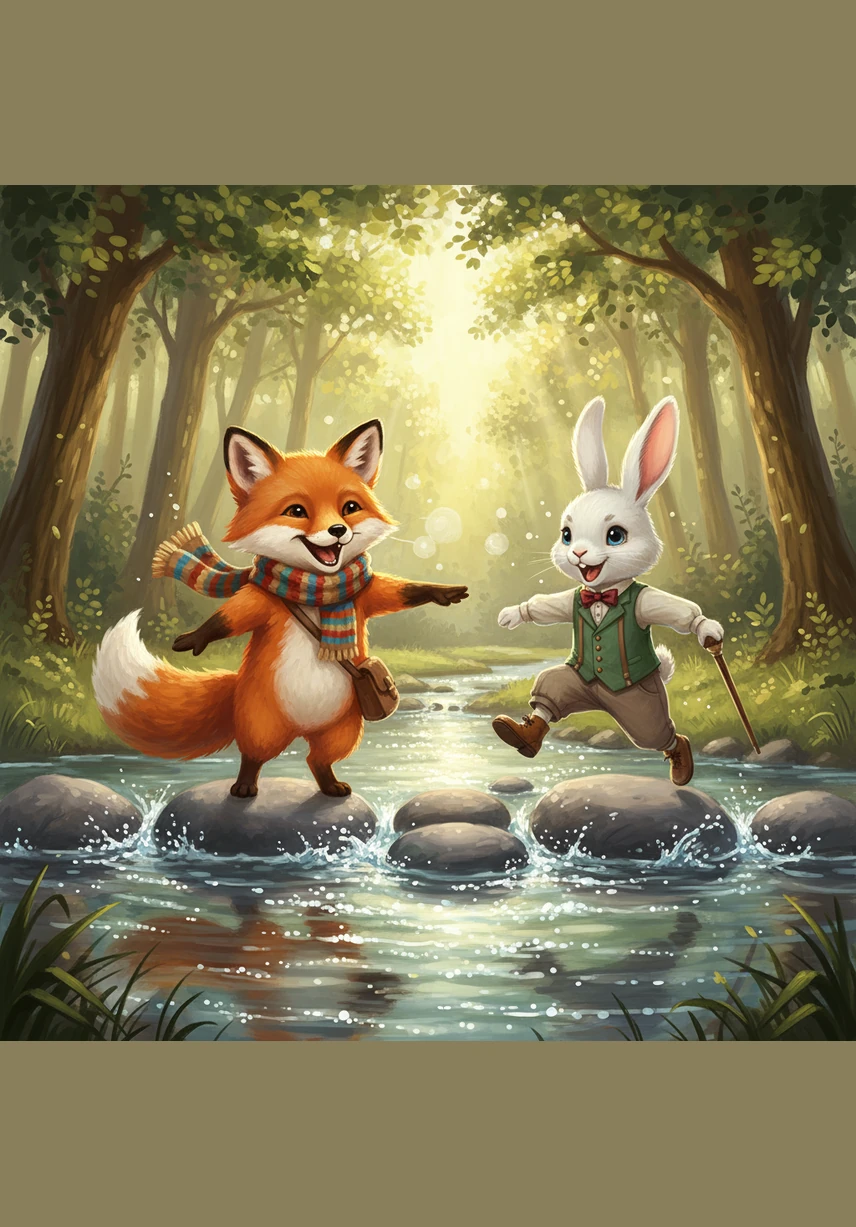 Soon they reached a bubbling brook that sparkled like liquid diamonds under the afternoon sun. Finnegan showed Barnaby how to hop carefully across the flat gray stepping stones to reach the other side. They cheered for each other with every successful jump, their happy laughter echoing through the trees.