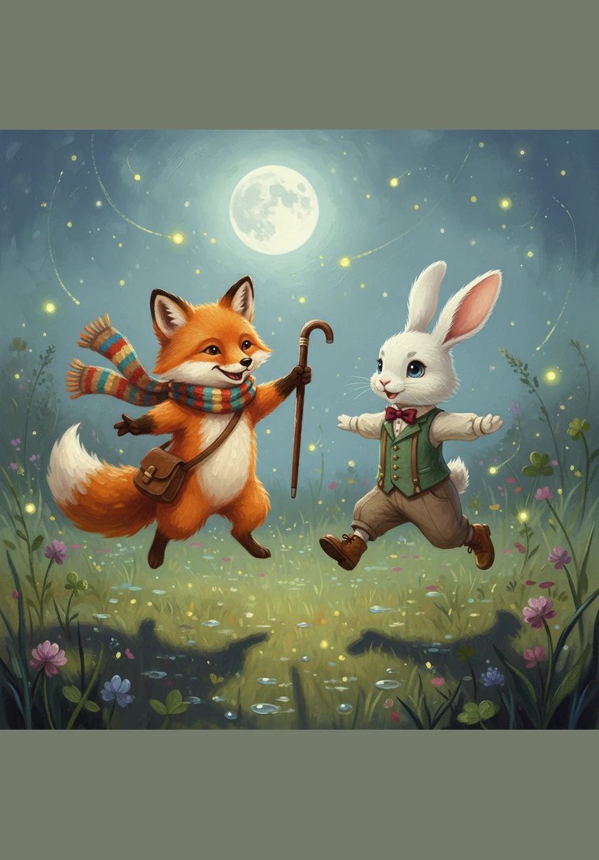 Suddenly, dozens of tiny fireflies rose from the meadow grass, lighting up the darkness like floating magic lanterns. Finnegan and Barnaby chased the glowing lights, dancing and leaping through the cool night air. The park had transformed into a wonderland, and they were the only ones there to witness the magic.