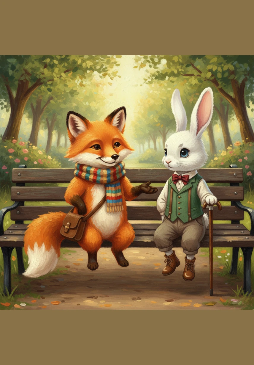 Back at the wooden bench where Finnegan once sat alone, the two friends now sat side-by-side watching the world go by. The little fox was no longer a lonely island, and the bunny was no longer lost in the shadows. Together, they looked toward the horizon, ready to face a brand-new day of friendship and fun.