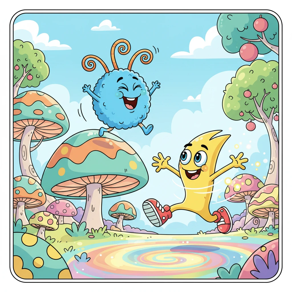 On the shimmering planet of Lumina, two best friends, Pip and Zap, were playing tag among giant, bouncy mushrooms. Pip, a round blue creature with swirly antennae, giggled as Zap, a zippy yellow pal, chased him with a joyful bounce. Their home was a kaleidoscope of bright colors and playful sounds.