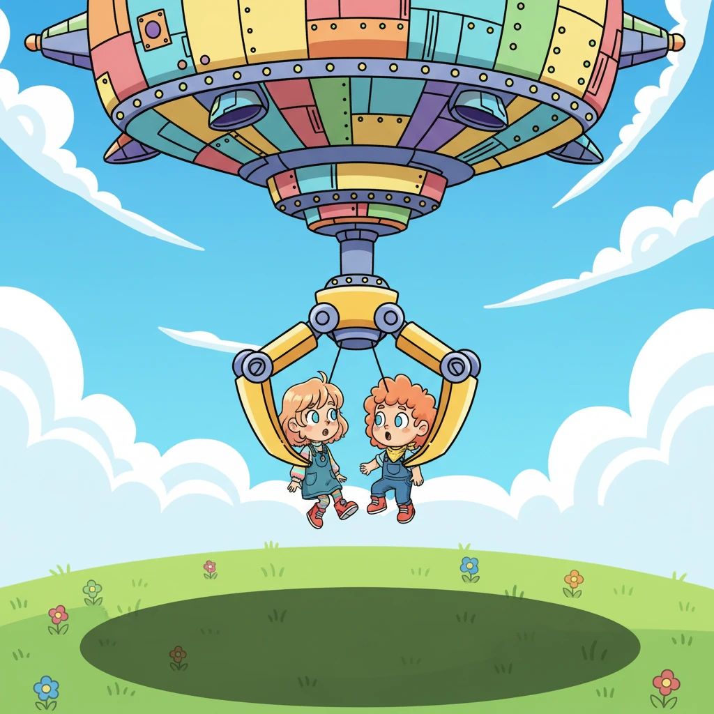 Suddenly, a colossal, clunky spaceship descended from the sky, casting a huge shadow over their fun. A giant, mechanical arm reached out, scooping up the startled friends in a gentle but firm grip. Pip and Zap looked at each other, their expressive eyes wide with surprise.