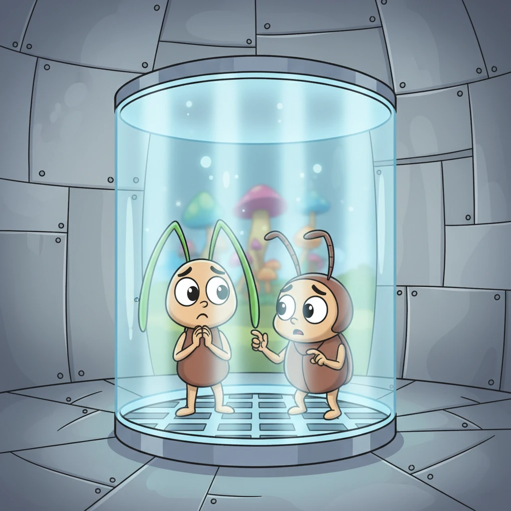 The next thing they knew, they were inside a shimmering, glowing energy cage, its bars humming with soft light. Pip looked worried, his antennae drooping slightly, while Zap tapped nervously on the glowing barrier. They were trapped in a strange, metallic room, far from their bouncy mushrooms.