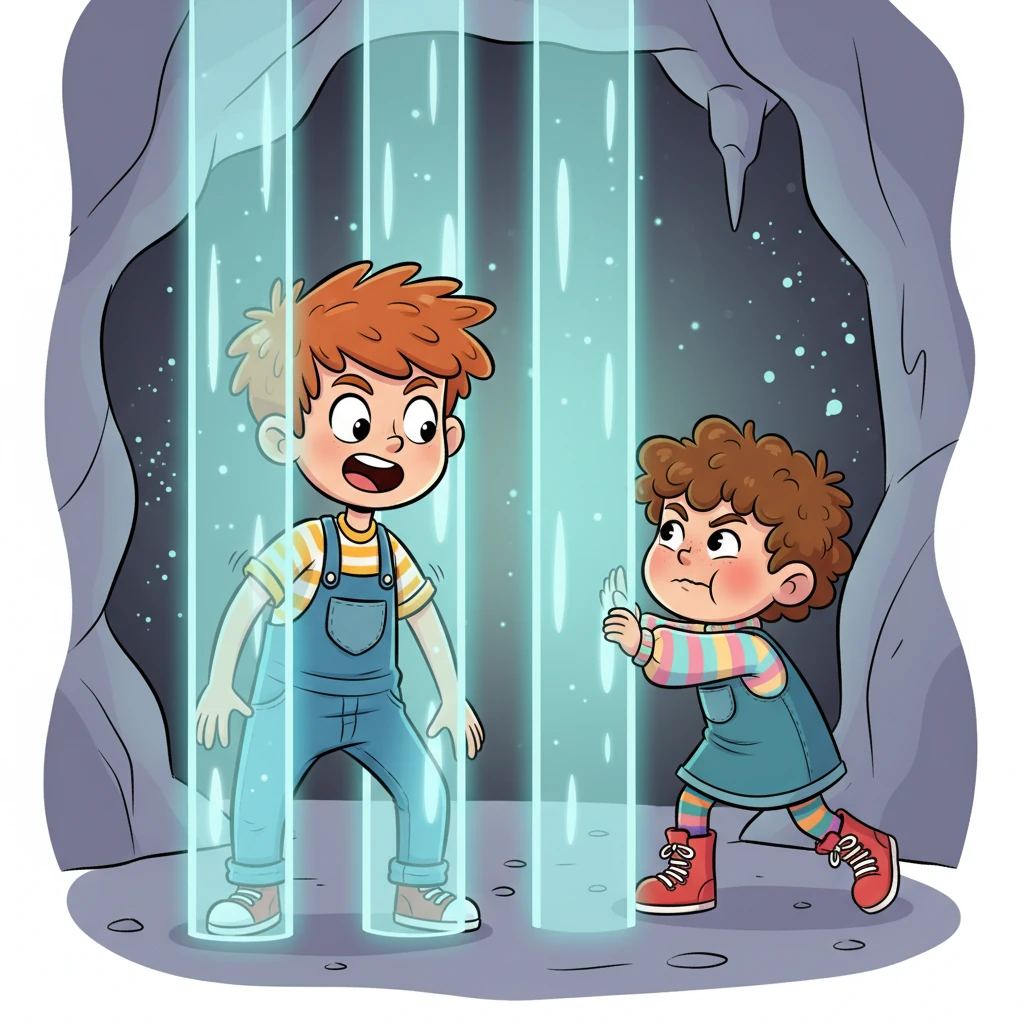 Zap, ever the energetic one, tried to squeeze through the glowing bars, his body comically squishing and stretching, but the energy field held firm. Pip watched, then tried to push a bar with all his might, wobbling on his feet. Their first escape attempt was a funny flop!
