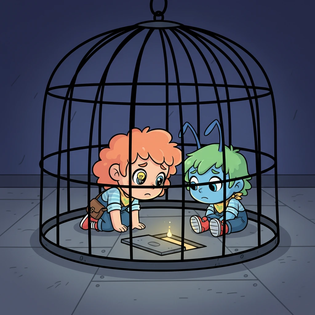 As they slumped, Zap's antennae twitched, sensing a tiny, flickering light near the base of the cage. Pip, noticing Zap's focus, peeked closer and spotted a small, loose panel on the floor, barely visible. A spark of an idea lit up in Pip's eyes!