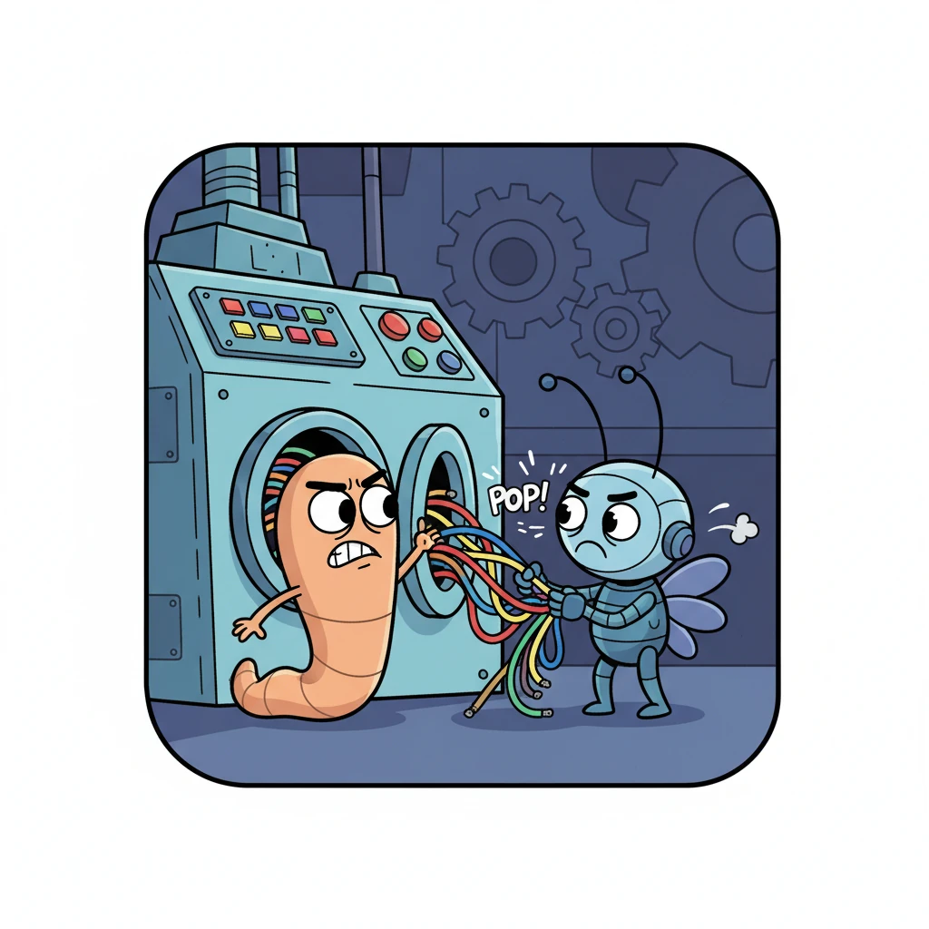Working together, Pip, with his flexible body, nudged the panel open with his foot, while Zap used his sensitive antennae to carefully pull at a tangle of colorful wires inside. They wiggled and tugged, their faces scrunched in concentration. A tiny 'pop!' sound echoed in the room.
