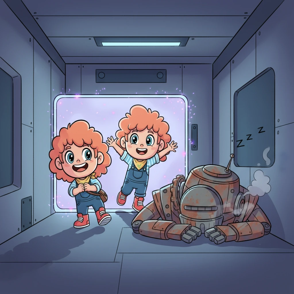 With a final, triumphant tug, a section of the energy bars flickered and vanished! Pip and Zap cheered silently, then quickly squeezed through the opening. They tiptoed past a sleeping, snoring robot guard, who looked like a pile of rusty gears.