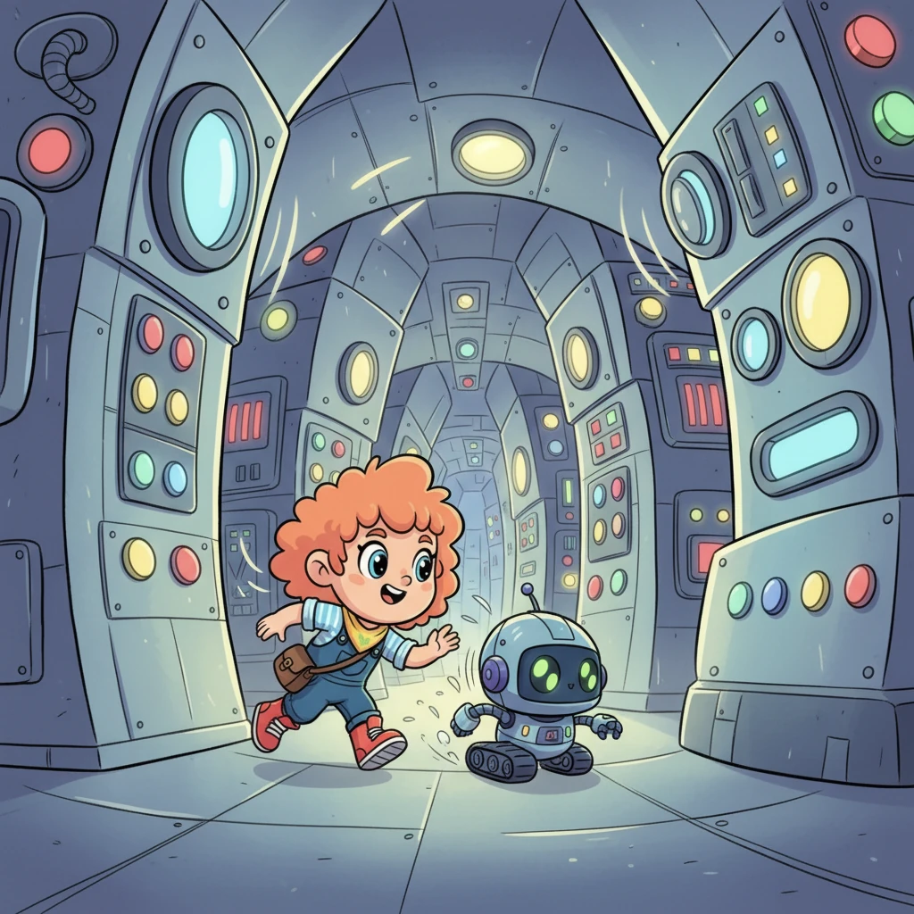 They found themselves in a maze of shiny corridors, filled with blinking lights and strange whirring sounds. They scurried past towering machines and around corners, their small figures moving with surprising speed and agility. It was an exciting, if slightly scary, adventure!