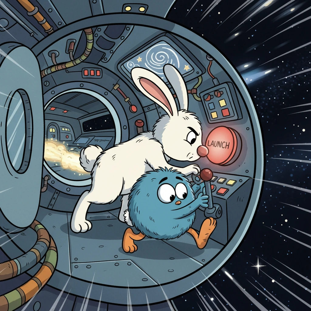 Finally, they stumbled upon a small, round escape pod, its door invitingly ajar. With a burst of energy, they scrambled inside, Pip pushing the 'launch' button with his nose while Zap steered with his wobbly feet. The pod shuddered and then zoomed away!