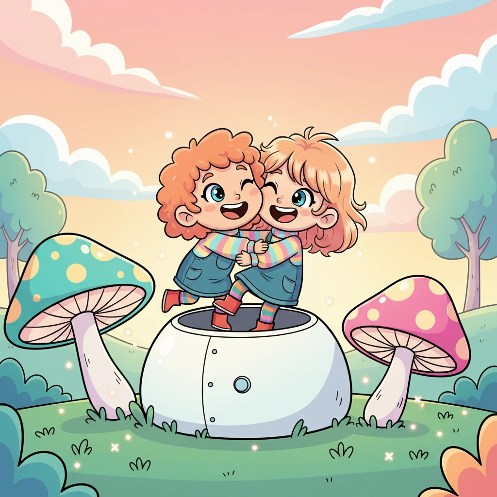 With a soft 'thump,' the escape pod landed gently back on Lumina, right beside their favorite bouncy mushrooms. Pip and Zap tumbled out, laughing and hugging. They were home, safe and sound, ready for more adventures, but this time, on their own terms.