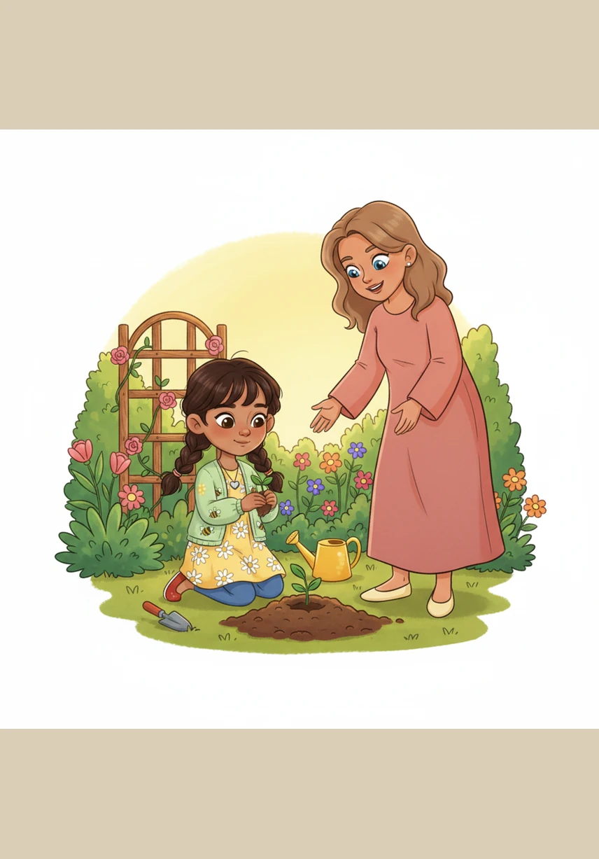 Amina digs a small hole and places the seed inside. She covers it gently and gives it some water. She says a sweet dua, asking Allah to help it grow.