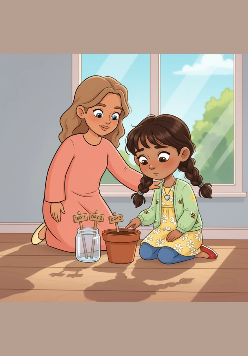 Amina waits for one day, then two days, and three days. She looks at the pot every single morning. But the soil is still quiet and brown.