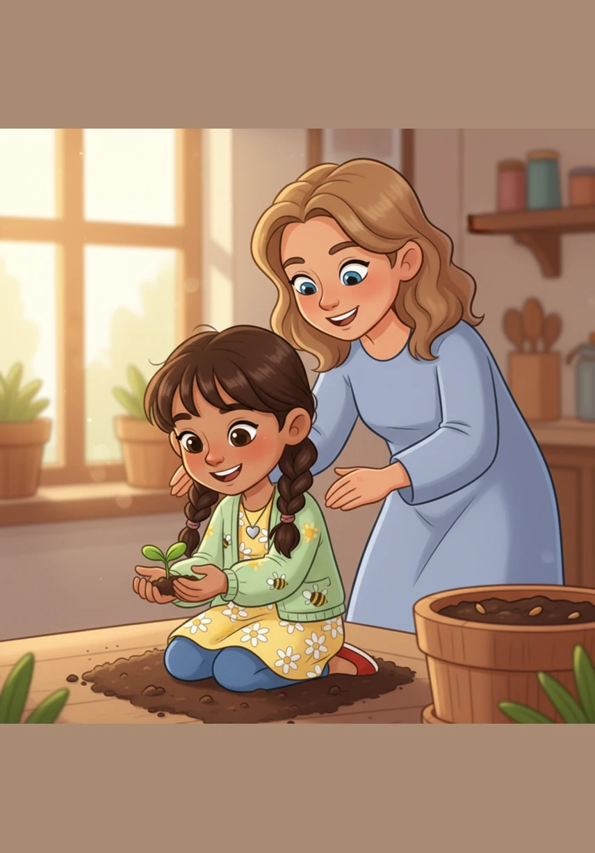 One morning, Amina sees something very tiny and green. A little sprout is peeking out from the dark soil! Amina is so happy and thankful.