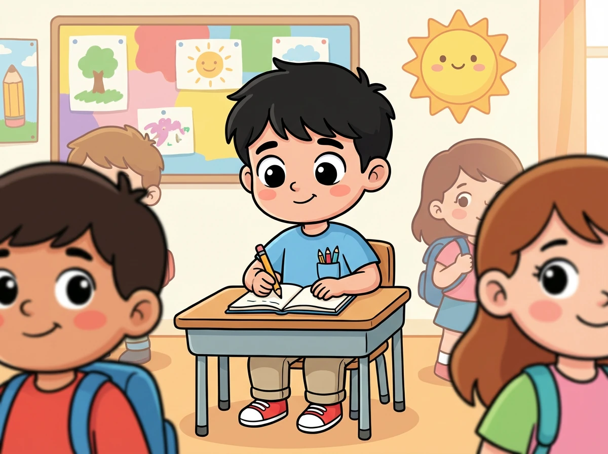 في مدرسة ابتدائية جميلة، يستعد الأطفال لبدء عام دراسي جديد مليء بالأمل. سالم، طفل موهوب ولكنه خجول، يجلس في الصف منتظرًا بداية الدرس.