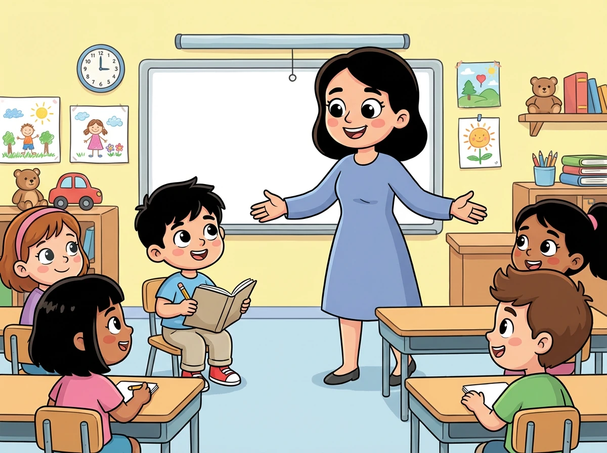 الأستاذة ليلى تدخل الفصل بابتسامة مشرقة. تخبر الطلاب أن هذا العام سيكون مخصصًا لاكتشاف مواهبهم وتعزيز ثقتهم بأنفسهم.