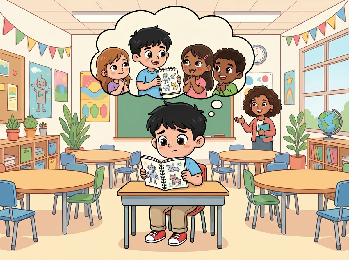 تطلب الأستاذة من كل طالب أن يفكر في شيء يخاف منه أو يتردد في فعله. سالم يفكر في مشاركة رسوماته مع زملائه.