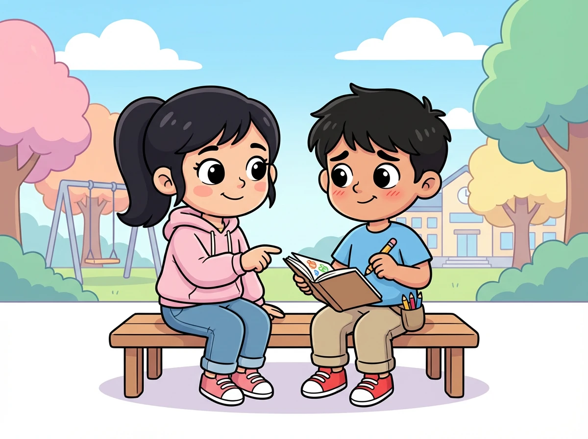 خلال الاستراحة، تجلس سارة بجانب سالم وتلاحظ تردده. تشجعه على مشاركة رسوماته، مؤكدة له أنها جميلة ومميزة.