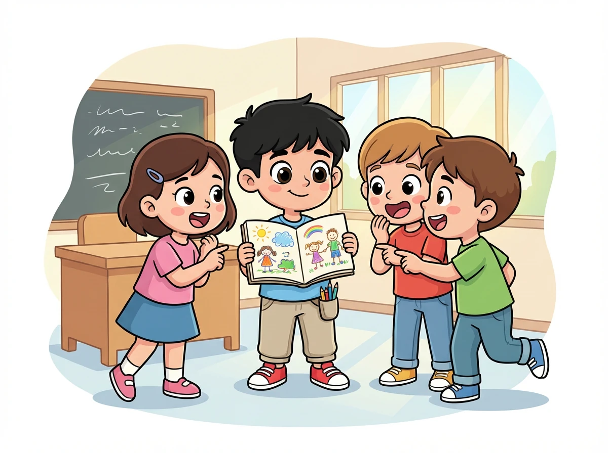 يقرر سالم أن يستمع إلى نصيحة سارة. يخرج رسوماته ويشاركها مع زملائه في الفصل. الدهشة والفرحة تملأ وجوههم.