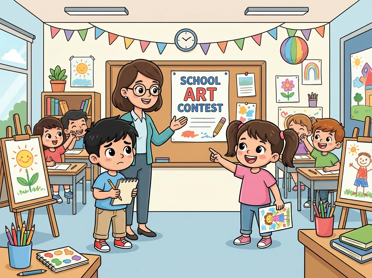 تطلب الأستاذة من الطلاب المشاركة في مسابقة الرسم المدرسية. سالم يتردد في البداية، لكن سارة تشجعه على المشاركة.